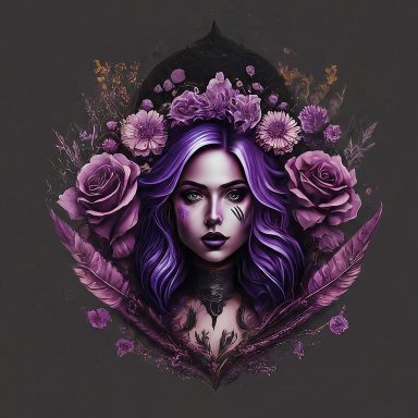 A woman with purple hair surrounded by roses and feathers on a dark background.